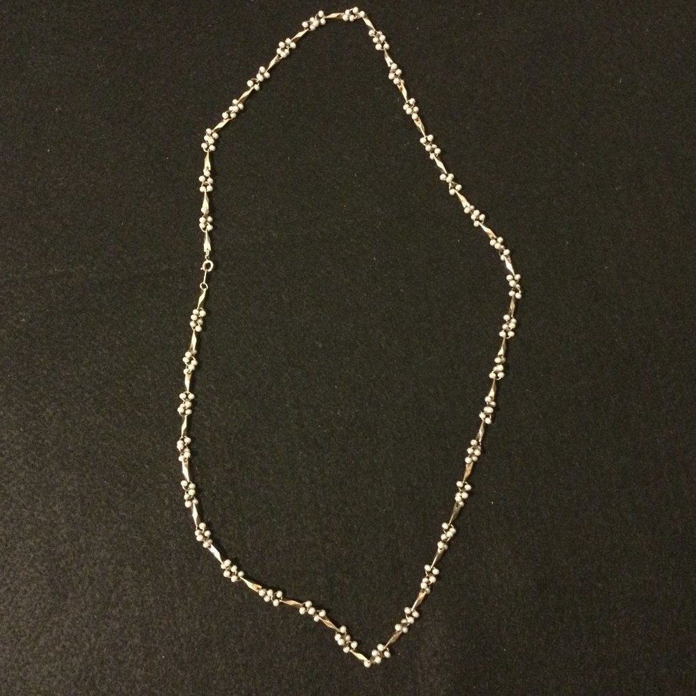 Long necklace small white beads metal chain 29"